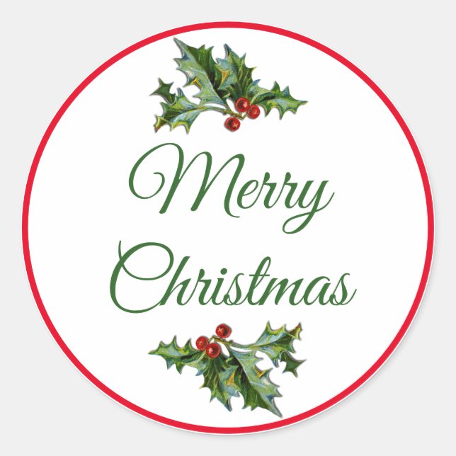 Frohe Weihnachten Rot und Grün Holly Runder Aufkleber (Vorderseite)