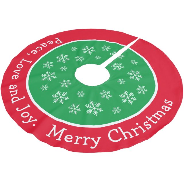 Frohe Weihnachten Rot und Grün Schneeflocke Polyester Weihnachtsbaumdecke (Schrägansicht)