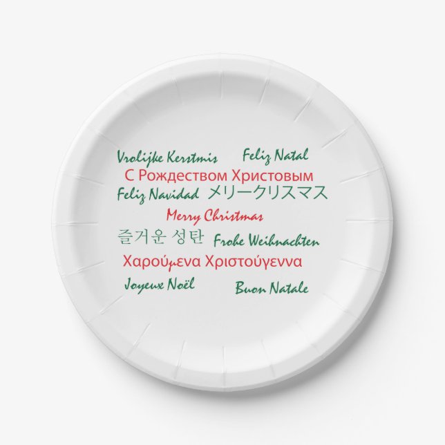 Frohe Weihnachten Rot und Grün Text viele Sprachen Pappteller (Vorderseite)