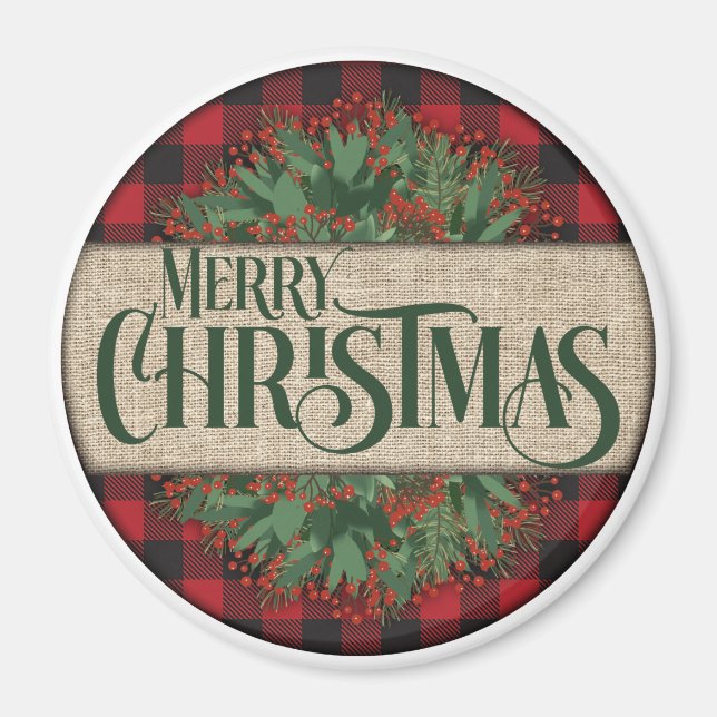 Frohe Weihnachten Rot und Schwarz Kariert Magnet (Vorne)