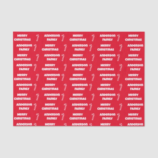 Frohe Weihnachten Rot und Weiß Name und Candy Cane Seidenpapier (Vorderseite)