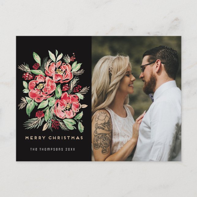 Frohe Weihnachten Rote Aquarellfarben Rose Foto (Vorderseite)