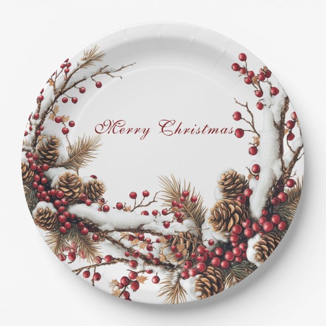 Frohe Weihnachten Rote Beeren Zapfen Schnee Pappteller (Vorderseite)