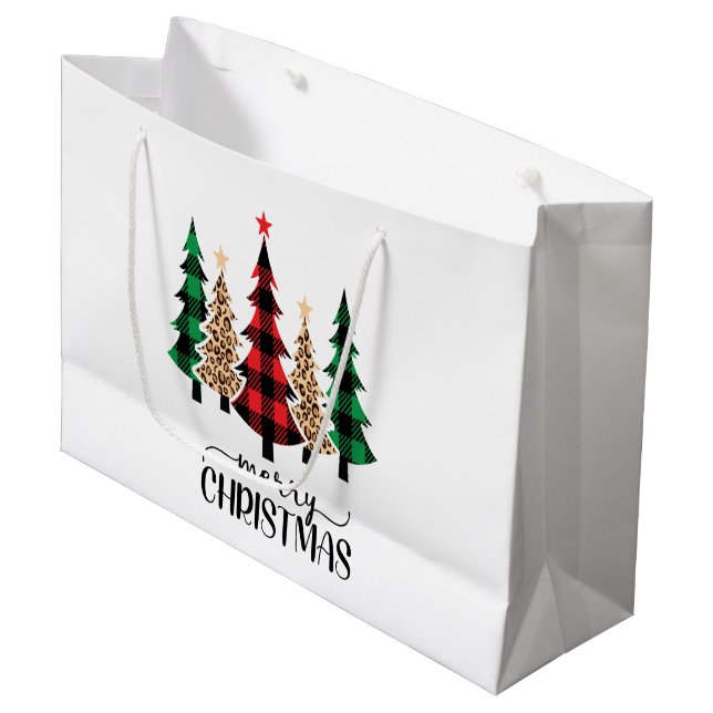 Frohe Weihnachten Rote Grüne Karierte Bäume Große Geschenktüte (Vorderseite Schrägansicht)
