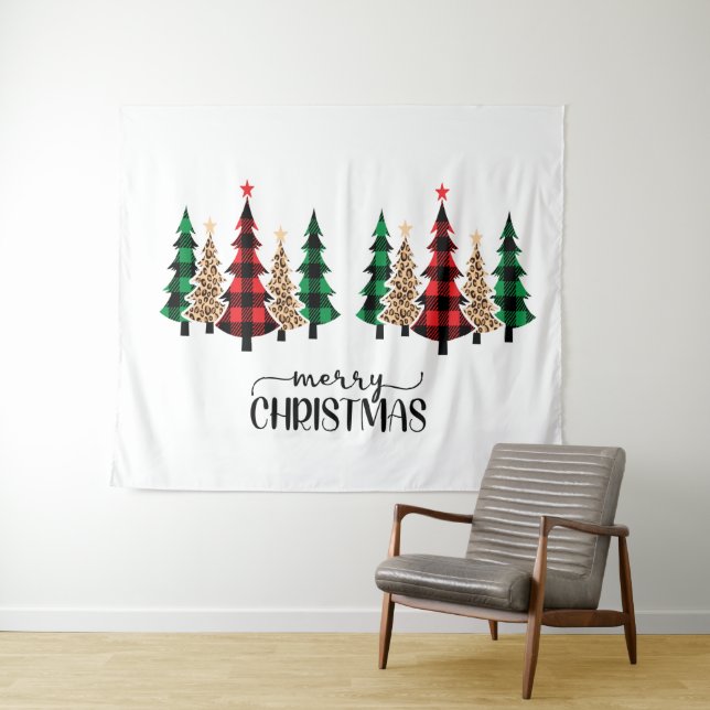 Frohe Weihnachten Rote Grüne Karierte Bäume Wandteppich (Beispiel (Horizontal))