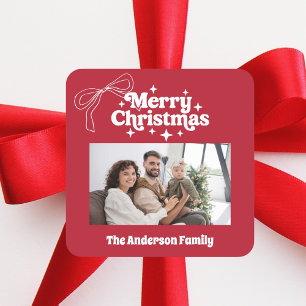Frohe Weihnachten rote handgezeichnete Schleife Re Quadratischer Aufkleber