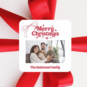 Frohe Weihnachten rote handgezeichnete Schleife Re Quadratischer Aufkleber