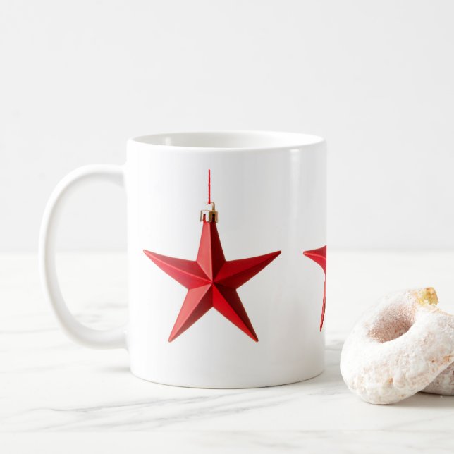 Frohe Weihnachten Rote Sterne Dekoration Foto Kaffeetasse (Mit Donut)