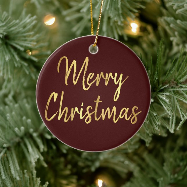 Frohe Weihnachten | Rote und Gold Moderne Kalligra Keramik Ornament (Baum)