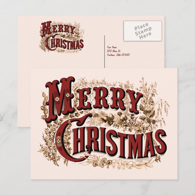 Frohe Weihnachten - Rote und Gold Postkarte (Vorne/Hinten)