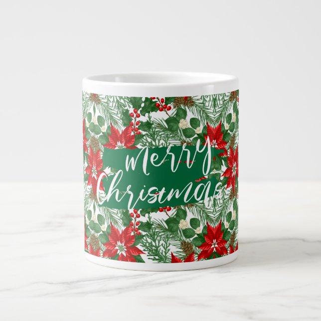 Frohe Weihnachten, Rote und Grüne Flora Muster, Jumbo-Tasse (Vorderseite)