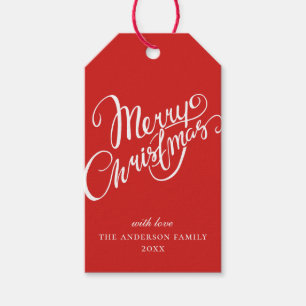 Frohe Weihnachten. Rote und weiße Skripte Geschenkanhänger