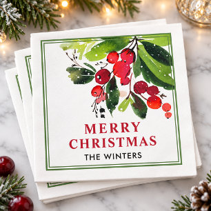 Frohe Weihnachten Rote Wasserfarbe Beere Grüner Ra Serviette