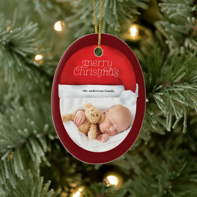 Frohe Weihnachten Rote Weihnachtsmannmütze Foto Sc Keramik Ornament (Baum)