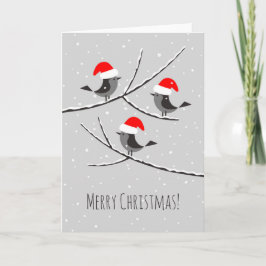 Frohe Weihnachten Rote Weihnachtsmannmütze Vögel Karte