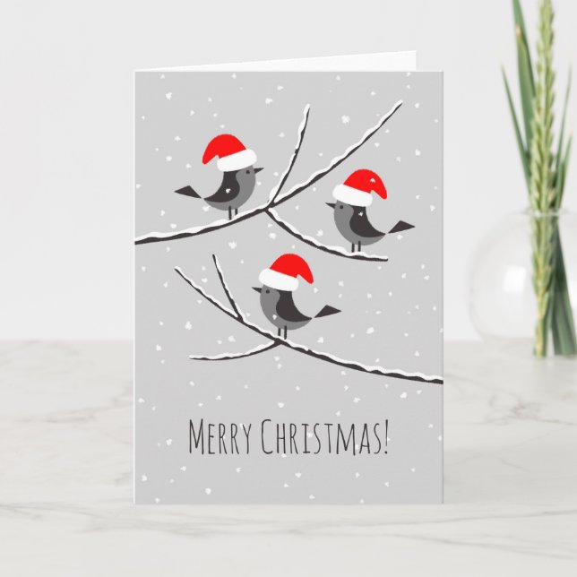 Frohe Weihnachten Rote Weihnachtsmannmütze Vögel Karte (Vorderseite)