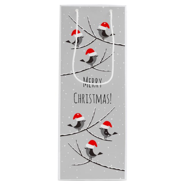 Frohe Weihnachten Rote Weihnachtsmannmütze Vogelsc Geschenktüte Für Weinflaschen (Vorderseite)