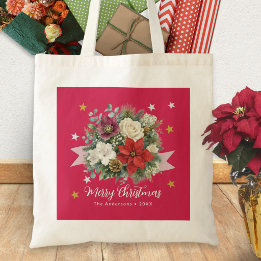 Frohe Weihnachten Rote Winterblumen Familienname Tragetasche