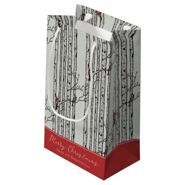 Frohe Weihnachten Roter Kardinal Bird & Birch Tree Kleine Geschenktüte (Rückseite Schrägansicht)