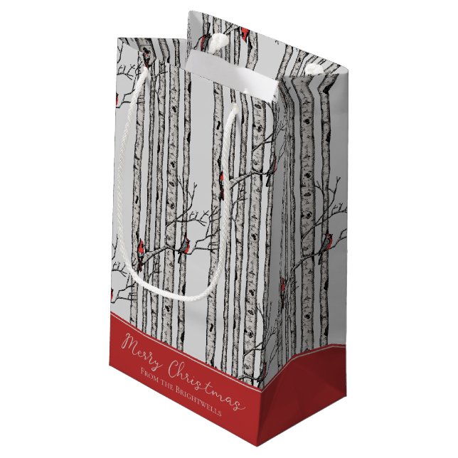 Frohe Weihnachten Roter Kardinal Bird & Birch Tree Kleine Geschenktüte (Rückseite Schrägansicht)