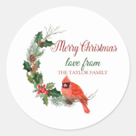 Frohe Weihnachten, Roter Kardinal Bird Holly Berry Runder Aufkleber