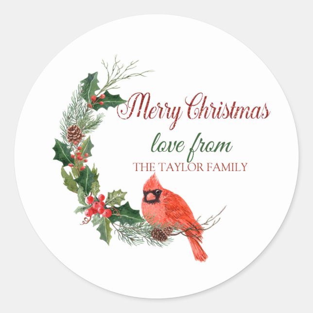 Frohe Weihnachten, Roter Kardinal Bird Holly Berry Runder Aufkleber (Vorderseite)
