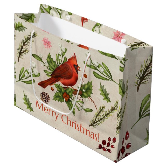 Frohe Weihnachten Roter Kardinal  Große Geschenktüte (Vorderseite Schrägansicht)