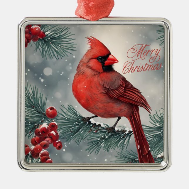 Frohe Weihnachten Roter Kardinal und Berries Ornament Aus Metall (Vorne)