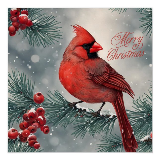 Frohe Weihnachten Roter Kardinal und Berries Poster (Vorderseite)