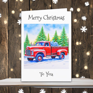 Frohe Weihnachten   Roter LKW mit Kiefernbäumen