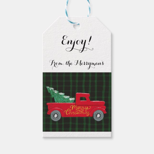Frohe Weihnachten, roter LKW mit Weihnachtsbaum Geschenkanhänger (Vorderseite)