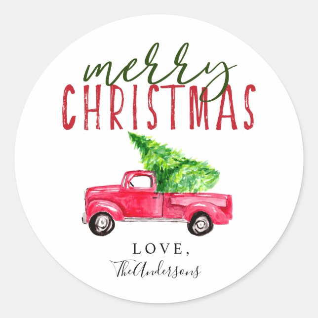 Frohe Weihnachten Roter LKW Pine Tree Wasserfarbe Runder Aufkleber (Vorderseite)