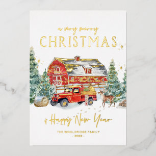 Frohe Weihnachten   Roter LKW Urlaub in Aquarell Folien Feiertagskarte