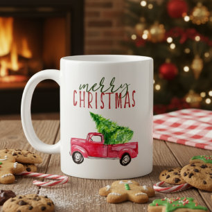 Frohe Weihnachten roter Pickup-Truck Baum Wasserfa Kaffeetasse