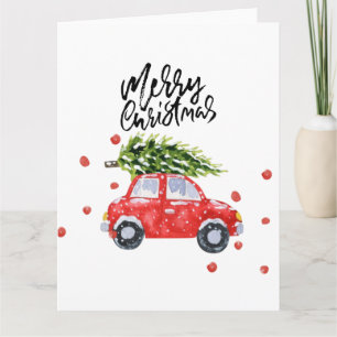 Frohe Weihnachten rotes Auto mit Weihnachtsbaum Karte