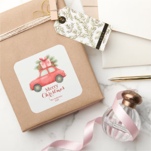 Frohe Weihnachten Rotes Auto – Personalisierter Fe Quadratischer Aufkleber