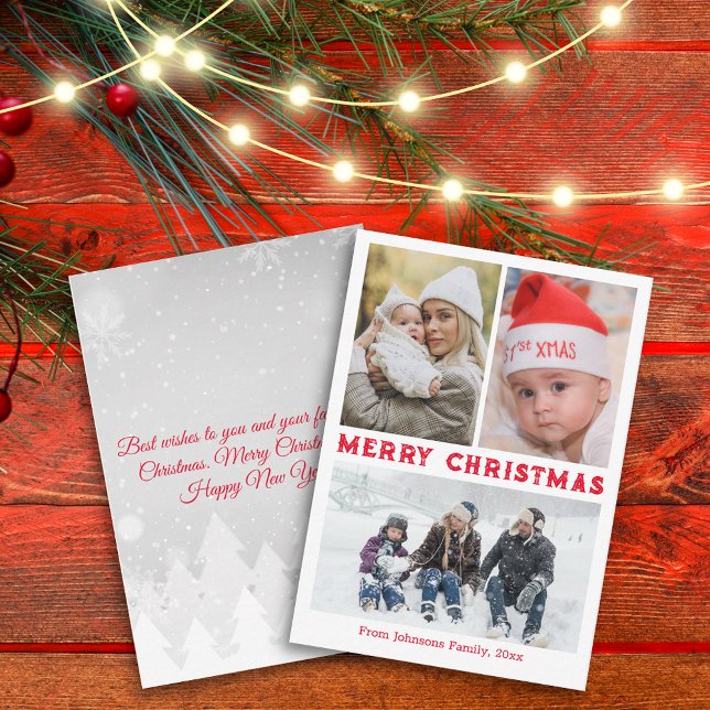Frohe Weihnachten rotes Drehbuch 3 Fotos Collage Mitteilungskarte (Von Creator hochgeladen)