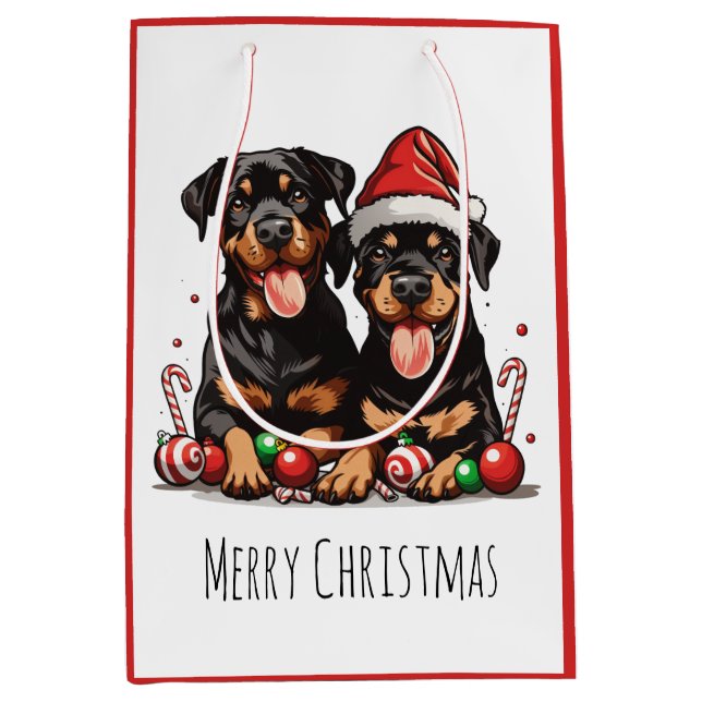 Frohe Weihnachten Rottweiler Dog Santa Mittlere Geschenktüte (Vorderseite)