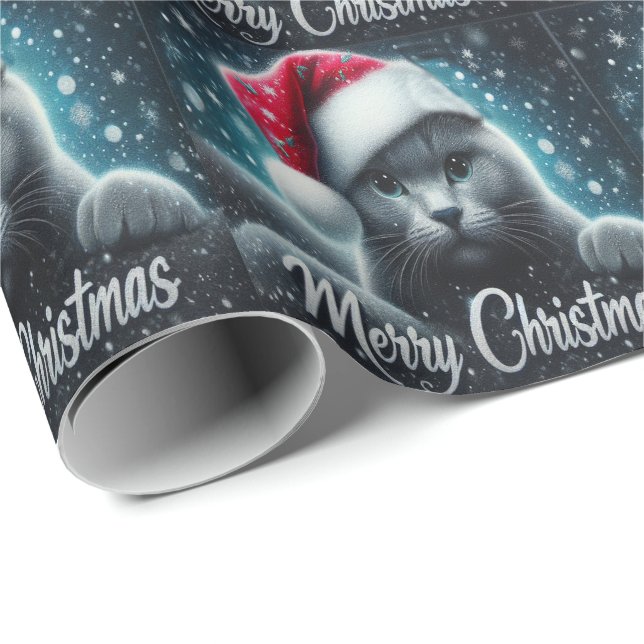 Frohe Weihnachten Russisch blaue Katze, Weihnachts Geschenkpapier (Rolleneckpunkt)