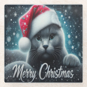Frohe Weihnachten Russisch blaue Katze, Weihnachts Glasuntersetzer
