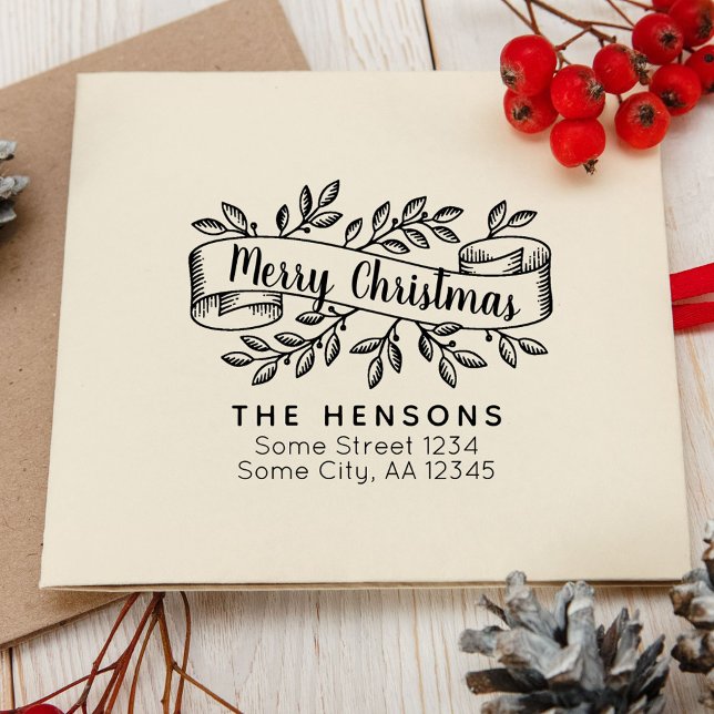 Frohe Weihnachten Rustic Ribbon Familienadresse Gummistempel (Von Creator hochgeladen)