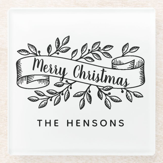 Frohe Weihnachten Rustic Ribbon Familienname Glasuntersetzer (Vorderseite)