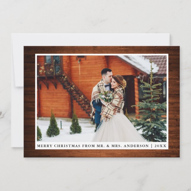 Frohe Weihnachten Rustic Wood Wedding Foto Card (Vorderseite)