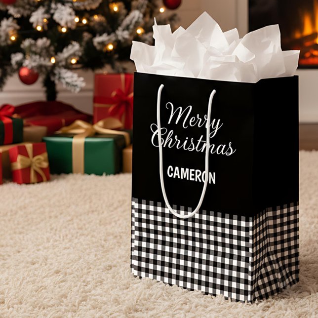 Frohe Weihnachten Rustikal Black & White Buffalo K Mittlere Geschenktüte (Von Creator hochgeladen)