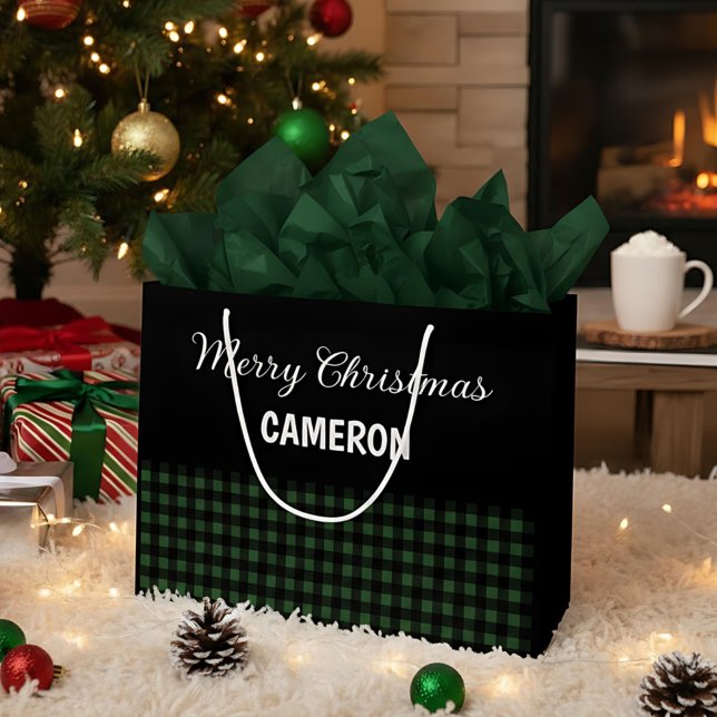 Frohe Weihnachten Rustikal grün & schwarz Buffalo  Große Geschenktüte (Von Creator hochgeladen)