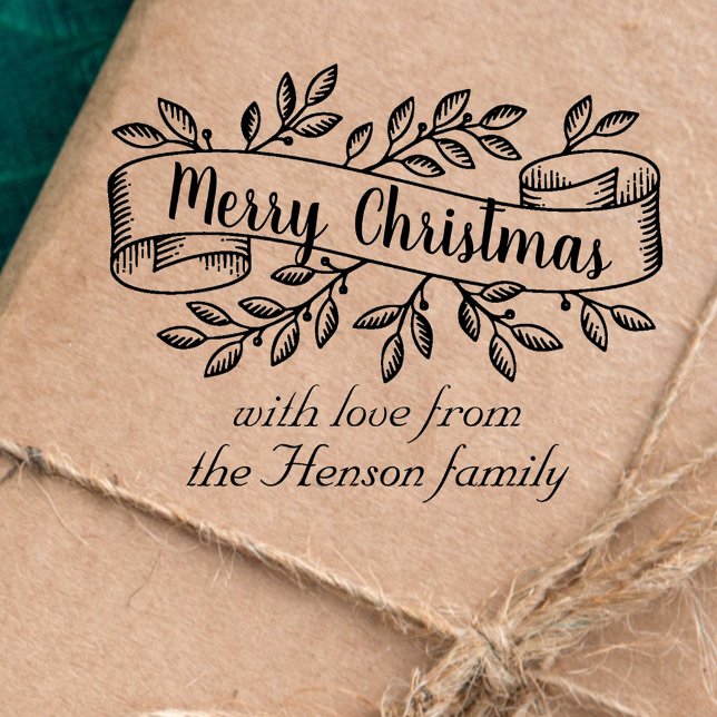 Frohe Weihnachten Rustikale Ribbon Familie Gruß Gummistempel (Von Creator hochgeladen)