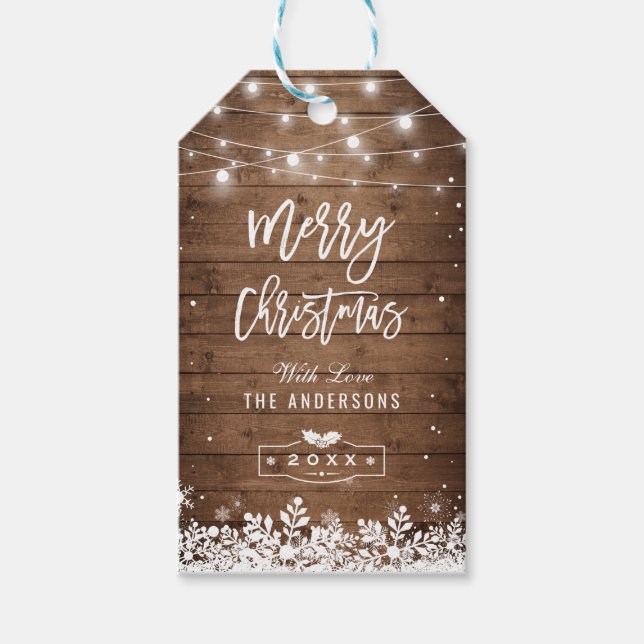 Frohe Weihnachten Rustikale String Lights Schneefl Geschenkanhänger (Vorderseite)