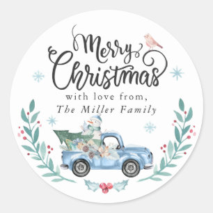 Frohe Weihnachten Rustikaler Blue Truck Winter Flo Runder Aufkleber
