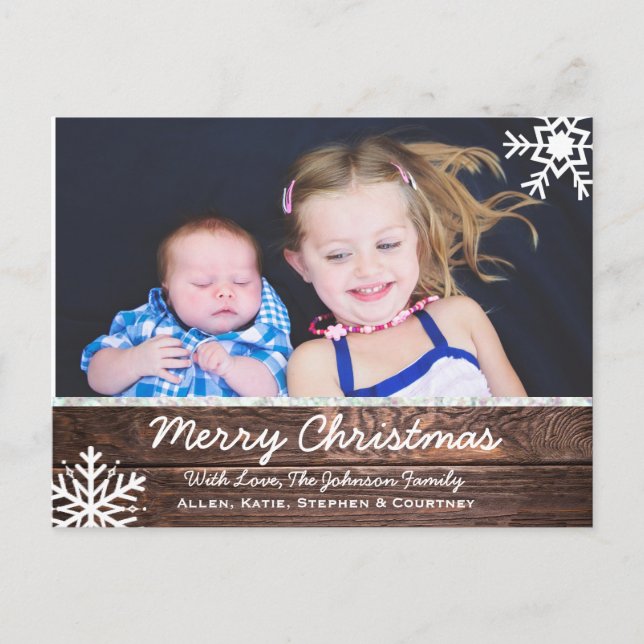Frohe Weihnachten Rustikales Holz und Schneeflocke Postkarte (Vorderseite)