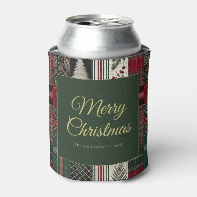 Frohe Weihnachten Rustikales Kariertes Muster Dosenkühler (Kanne Vorderseite)